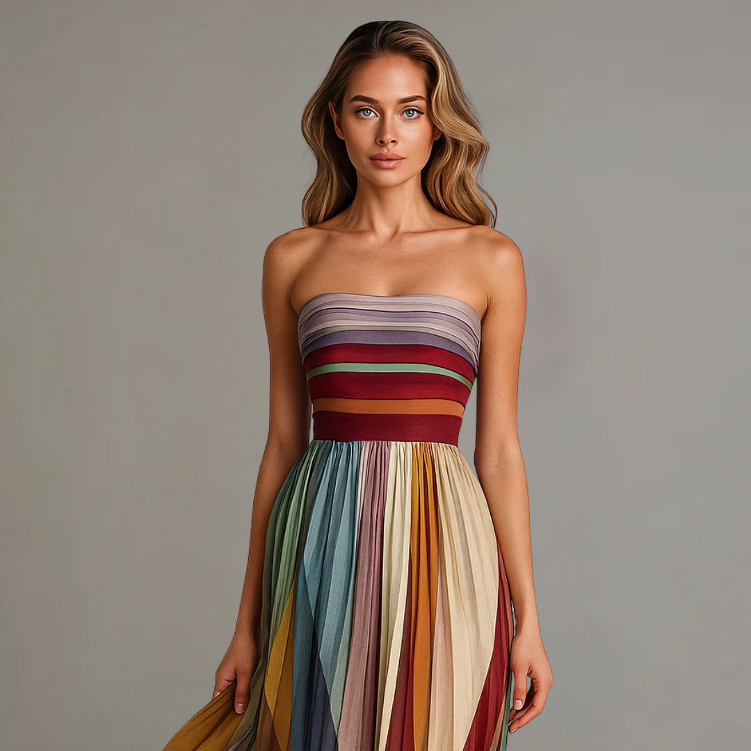 Judith | Bold Strapless Pleated Maxi Dress in Vibrant Colors