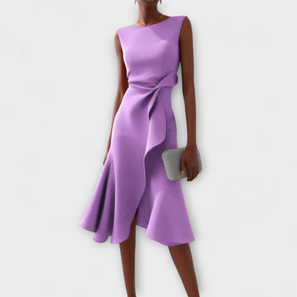 Sheila | Elegant Asymmetric Draped Midi Dress with Sleeveless Cut