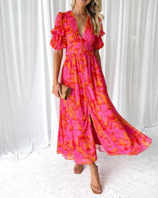 Brittany | Elegant Comfortable Puff Sleeve Maxi Dress in Red Pink