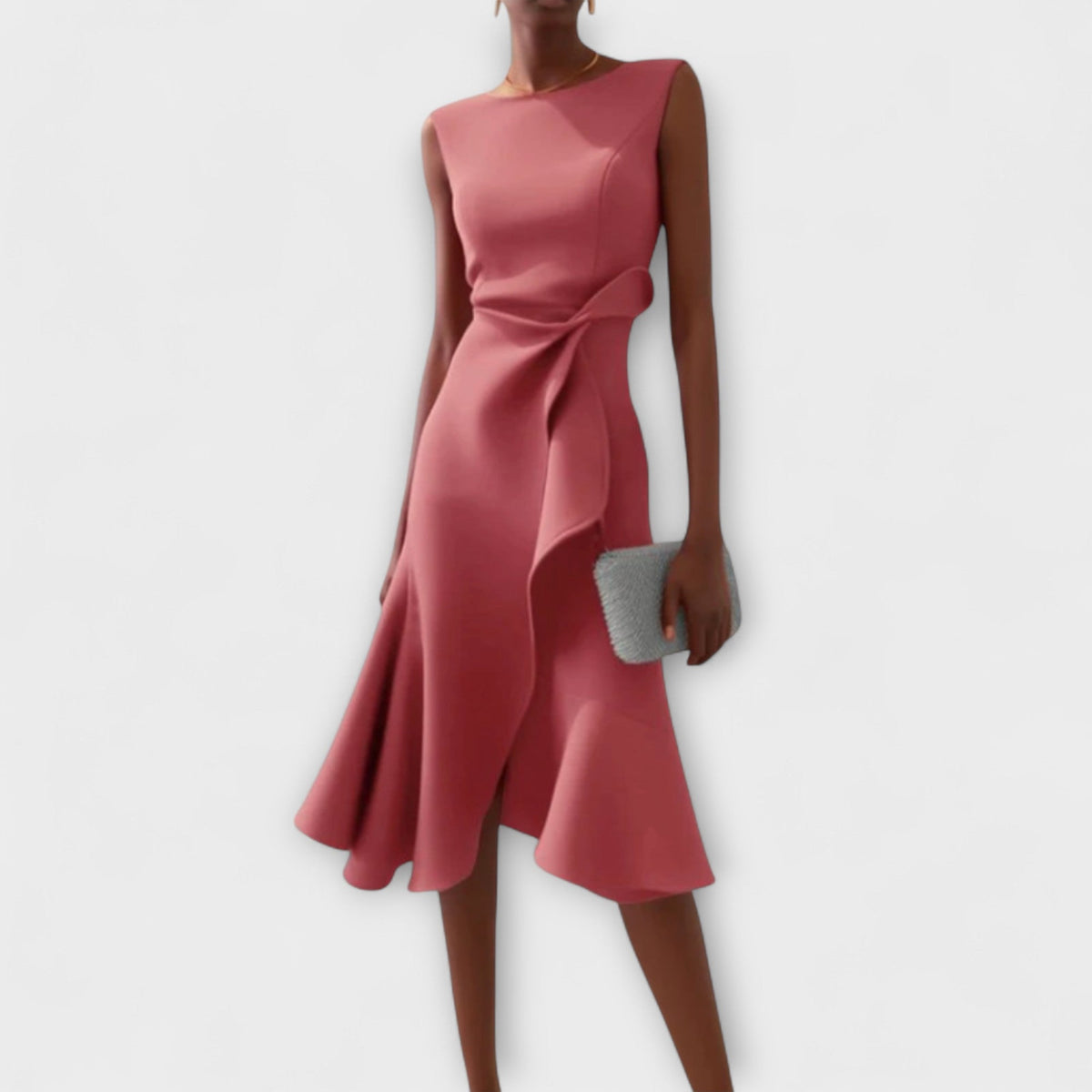 Sheila | Elegant Asymmetric Draped Midi Dress with Sleeveless Cut