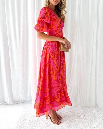 Brittany | Elegant Comfortable Puff Sleeve Maxi Dress in Red Pink