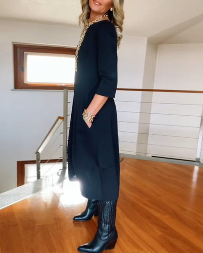 Seraphina | Elegant Slim Fit Work Midi Dress with Full-Length Drape and Sleeves
