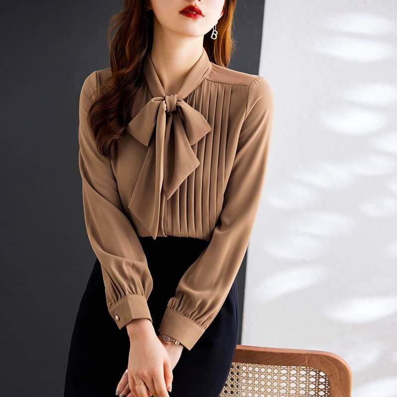 Silvia | Elegant Chiffon Bow Neck Sleeved Blouse with Buttons