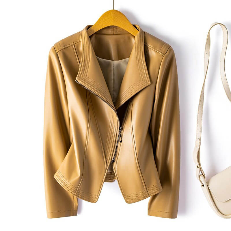 Hellena | Stylish Leather Biker Jacket with Wide Lapel and Asymmetric Zipper