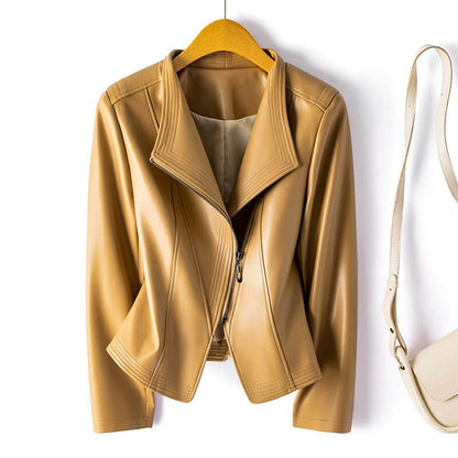 Hellena | Stylish Leather Biker Jacket with Wide Lapel and Asymmetric Zipper