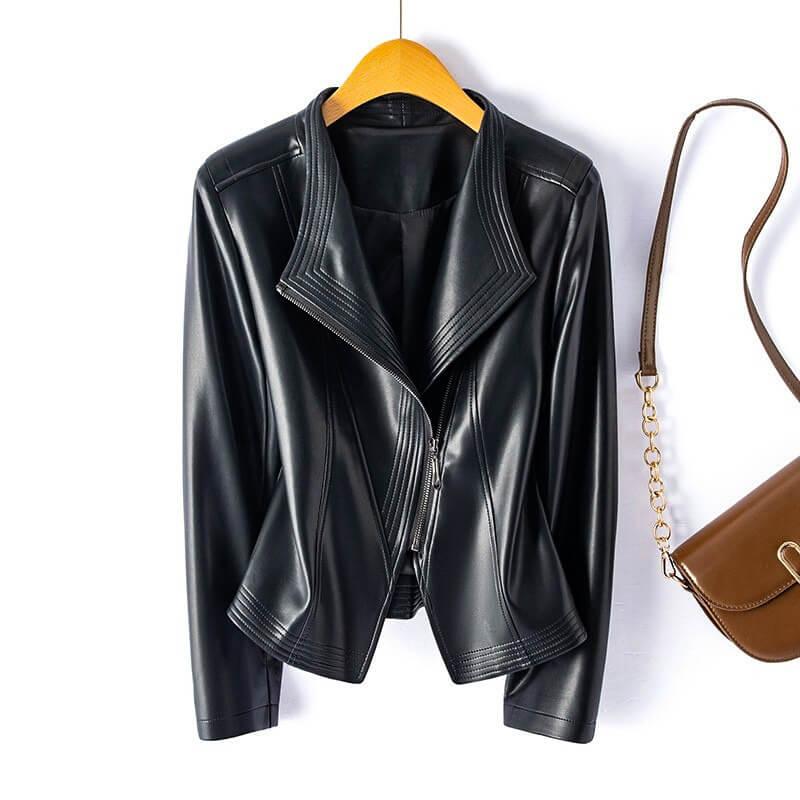 Hellena | Stylish Leather Biker Jacket with Wide Lapel and Asymmetric Zipper