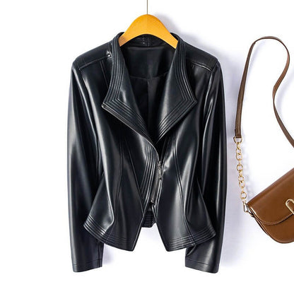 Hellena | Stylish Leather Biker Jacket with Wide Lapel and Asymmetric Zipper