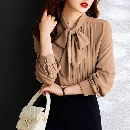 Silvia | Elegant Chiffon Bow Neck Sleeved Blouse with Buttons