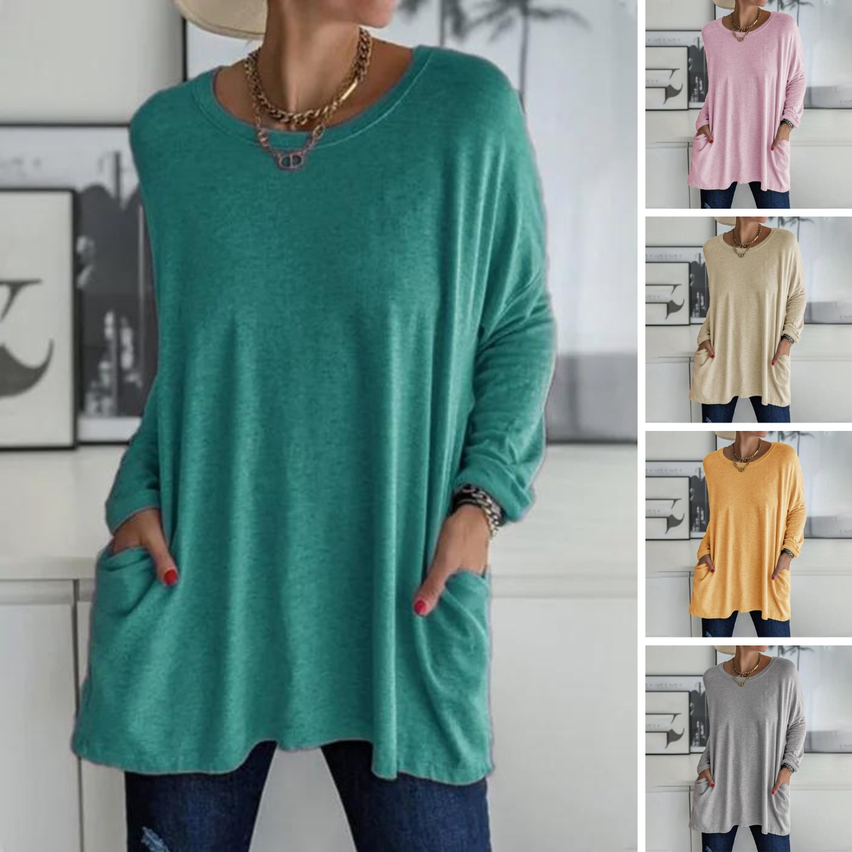 Ruby | Relaxed Oversized Long Sleeve Tunic Top with Patch Pockets