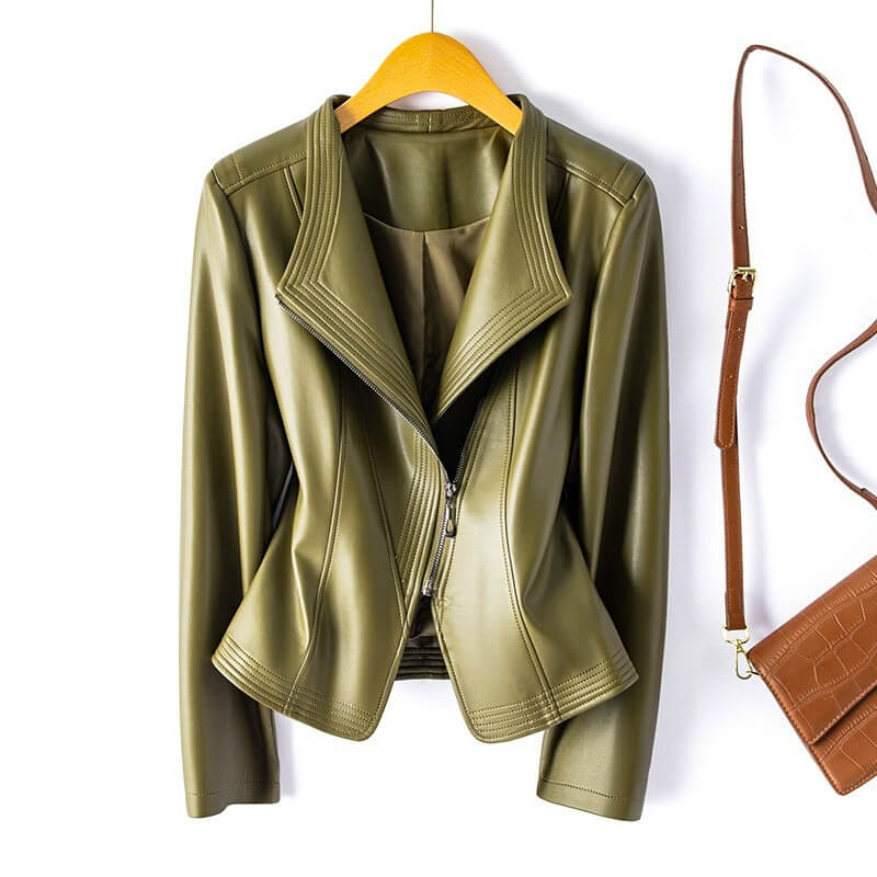 Hellena | Stylish Leather Biker Jacket with Wide Lapel and Asymmetric Zipper