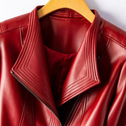 Hellena | Stylish Leather Biker Jacket with Wide Lapel and Asymmetric Zipper