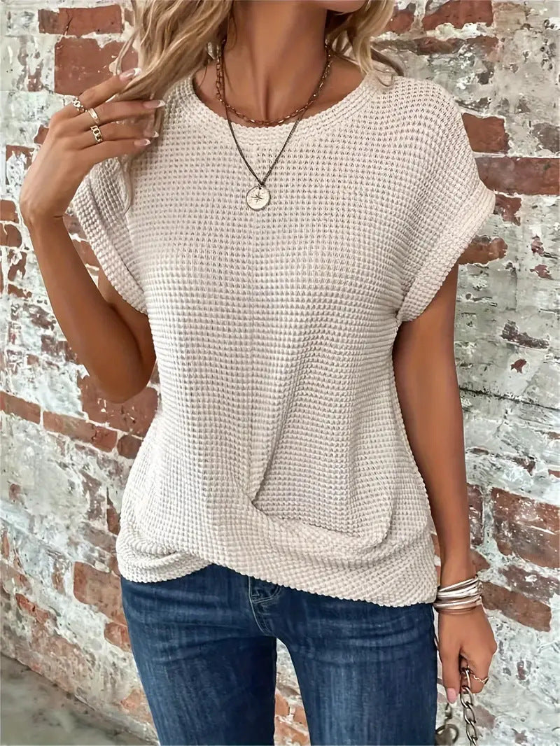 Sylvia | Relaxed Waffle Knit Shirt Top with Front Twist and Rolled Sleeves