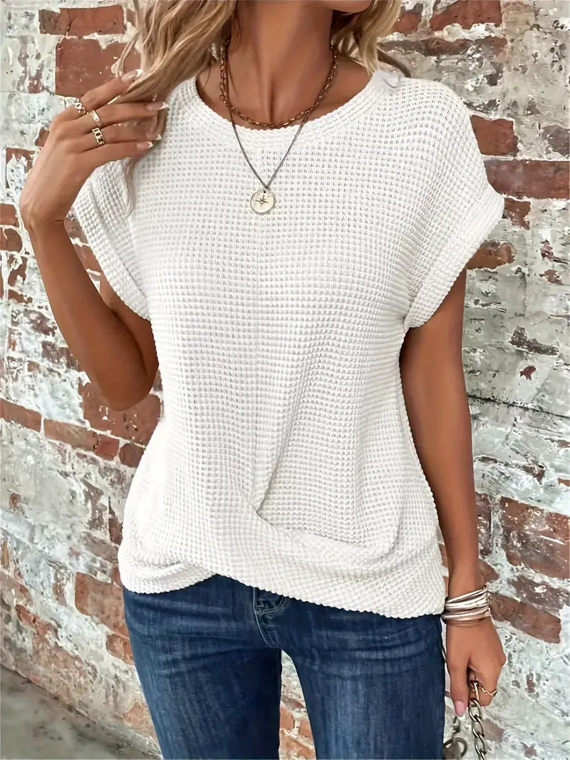 Sylvia | Relaxed Waffle Knit Shirt Top with Front Twist and Rolled Sleeves
