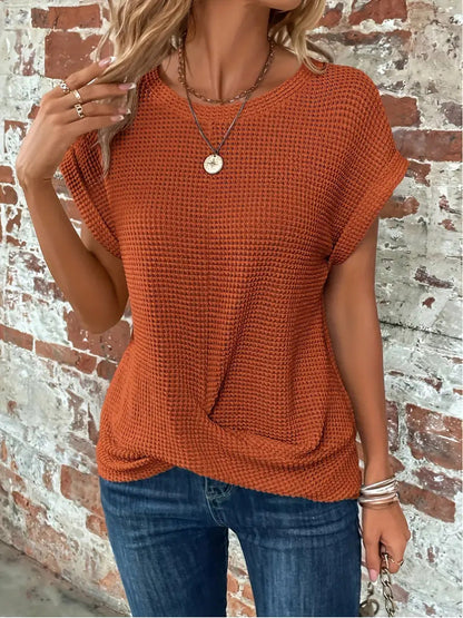 Sylvia | Relaxed Waffle Knit Shirt Top with Front Twist and Rolled Sleeves