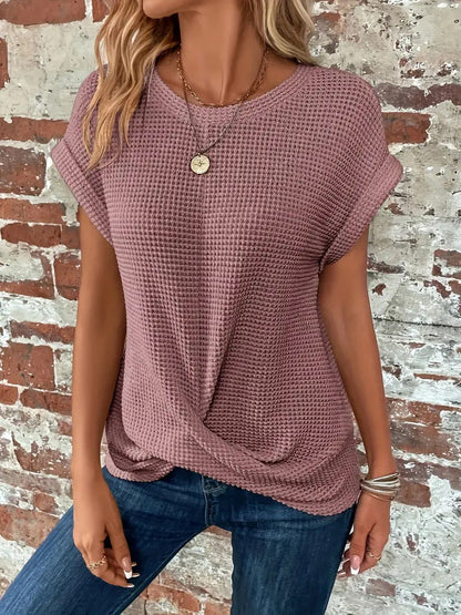 Sylvia | Relaxed Waffle Knit Shirt Top with Front Twist and Rolled Sleeves