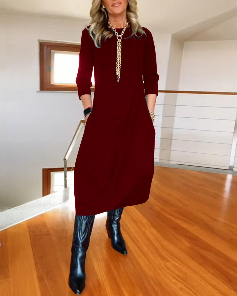 Seraphina | Elegant Slim Fit Work Midi Dress with Full-Length Drape and Sleeves