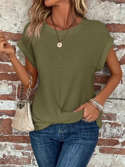 Sylvia | Relaxed Waffle Knit Shirt Top with Front Twist and Rolled Sleeves