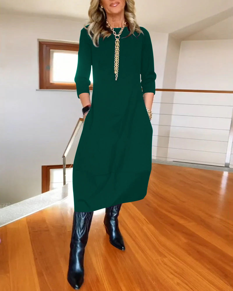 Seraphina | Elegant Slim Fit Work Midi Dress with Full-Length Drape and Sleeves