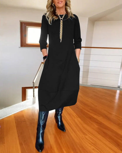 Seraphina | Elegant Slim Fit Work Midi Dress with Full-Length Drape and Sleeves