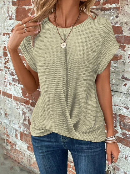 Sylvia | Relaxed Waffle Knit Shirt Top with Front Twist and Rolled Sleeves