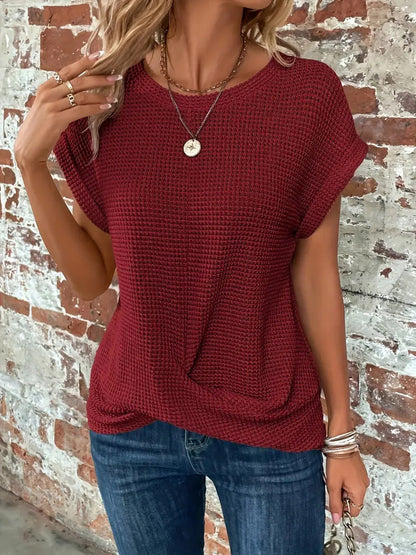 Sylvia | Relaxed Waffle Knit Shirt Top with Front Twist and Rolled Sleeves