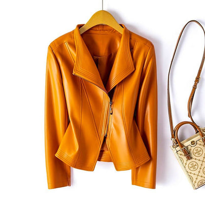 Hellena | Stylish Leather Biker Jacket with Wide Lapel and Asymmetric Zipper