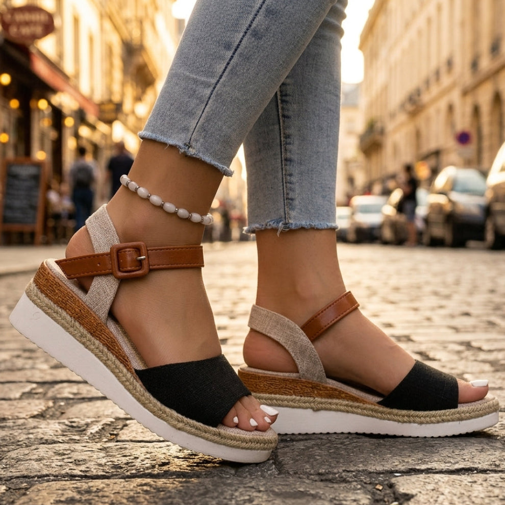 Lena | Elegant Platform Wedge Sandals with Adjustable Ankle Strap and Buckle