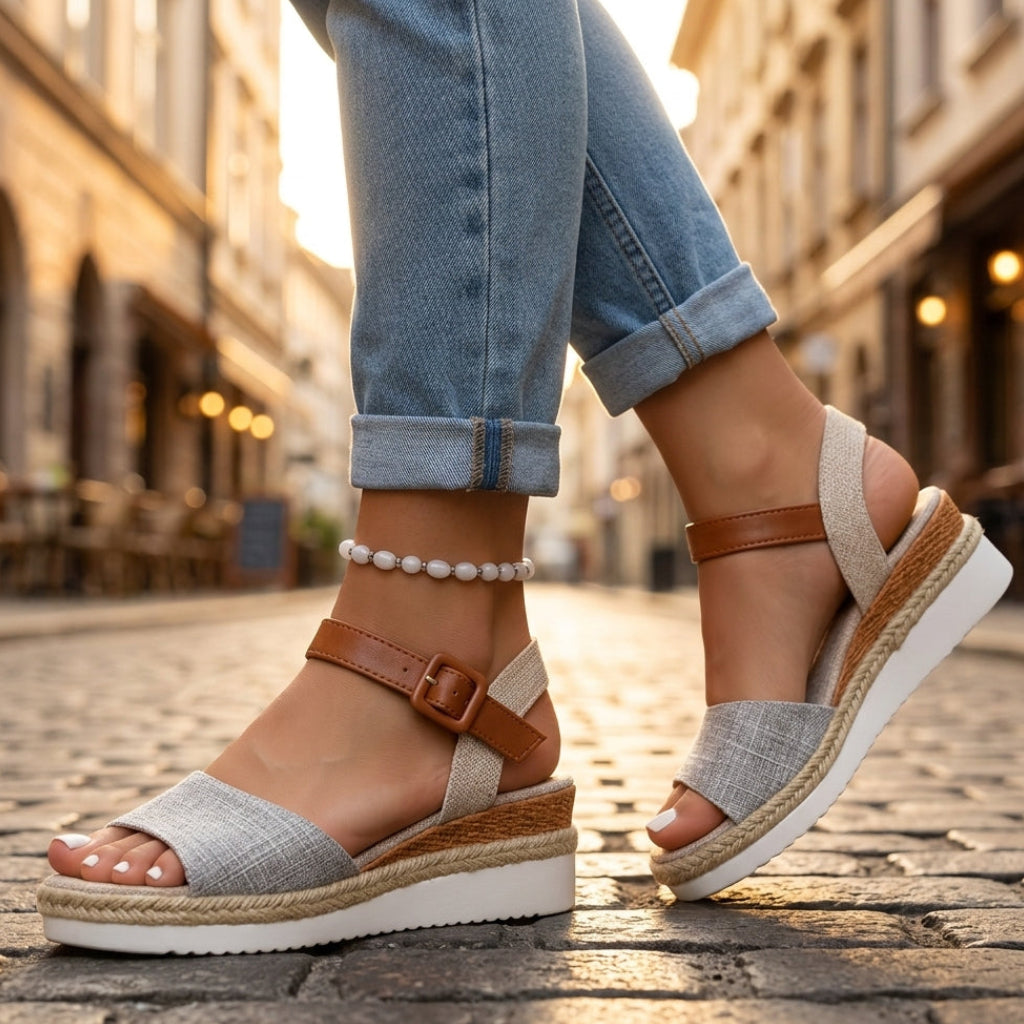 Lena | Elegant Platform Wedge Sandals with Adjustable Ankle Strap and Buckle