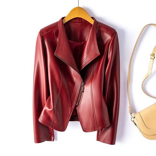 Hellena | Stylish Leather Biker Jacket with Wide Lapel and Asymmetric Zipper
