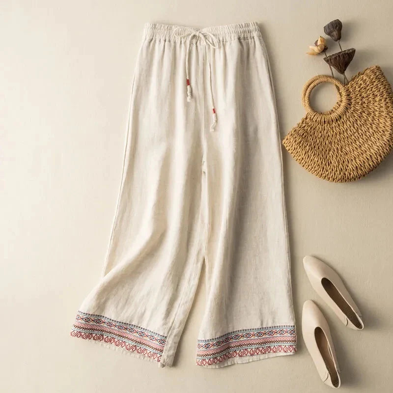 Zara | Breathable Embroidered Wide Leg Linen Pants