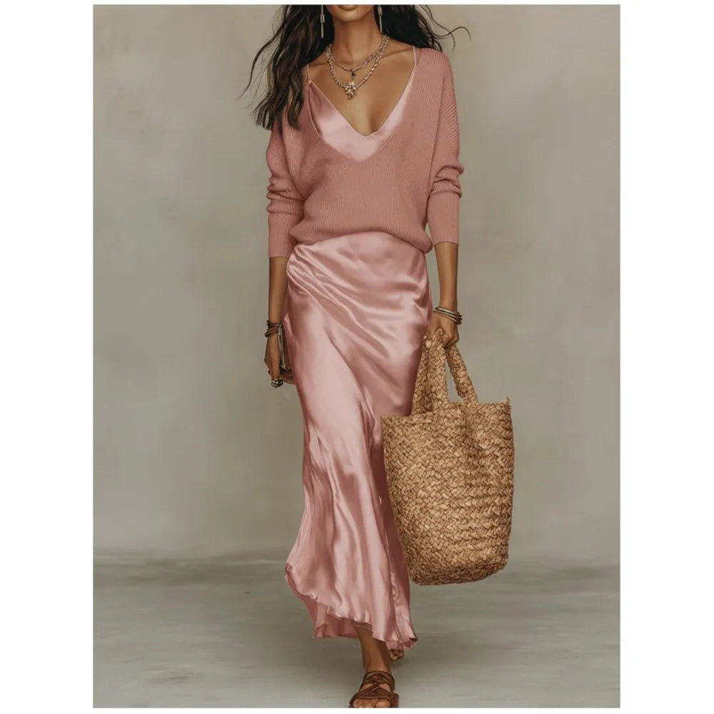 Valencia | 2-Piece Soft Knit Upper Shirt with Elegant V Neck Satin Midi Dress
