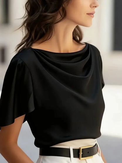 Bellamy | Elegant Draped Cowl Neck Blouse with Flowing Short Sleeves