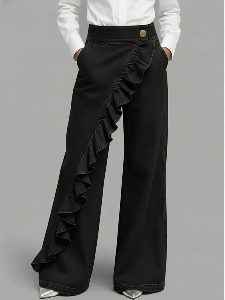 Abigail | Bold Asymmetric Wide Leg Jeans with Ruffle Detail