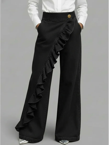 Abigail | Bold Asymmetric Wide Leg Jeans with Ruffle Detail