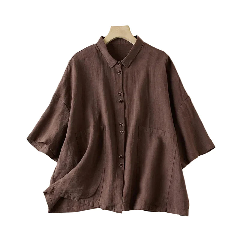 Rosalie | Oversized Linen Button Front Blouse with Short Sleeves