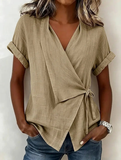 Gisselle | Relaxed Asymmetric Short Sleeve Wrap Blouse with Tie Front