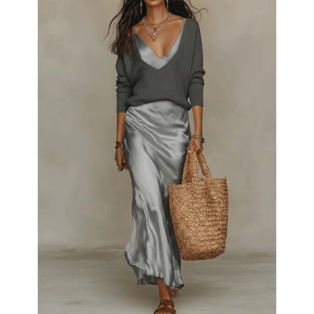Valencia | 2-Piece Soft Knit Upper Shirt with Elegant V Neck Satin Midi Dress