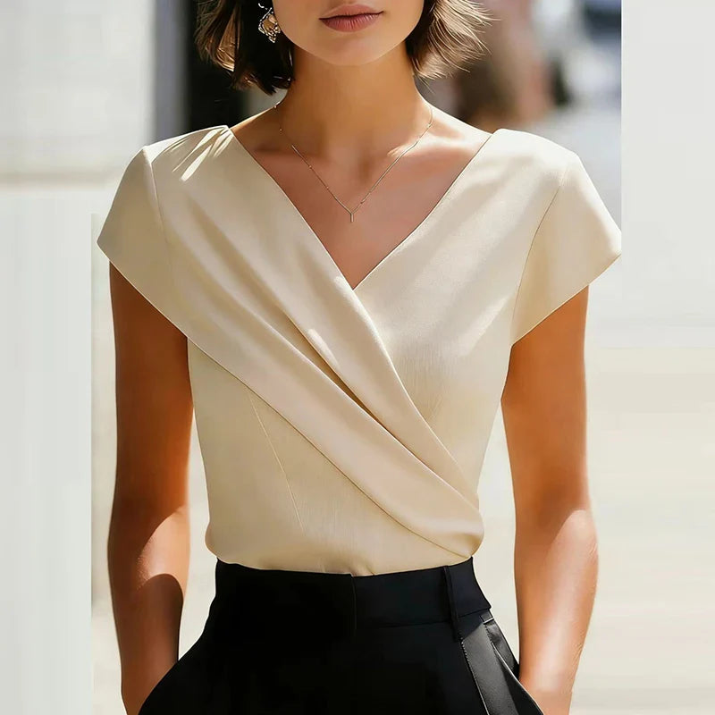 Viviana | Effortlessly Elegant Wrap Front V Neck Blouse Shirt with Short Sleeves