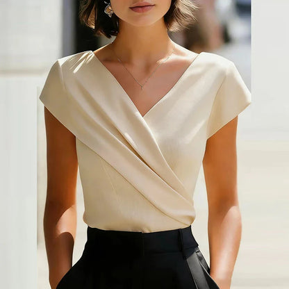 Viviana | Effortlessly Elegant Wrap Front V Neck Blouse Shirt with Short Sleeves