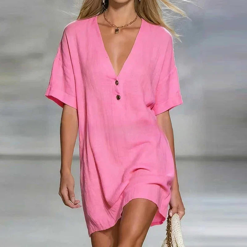 Liora | Effortlessly Elegant V Neck Linen Short Sleeve Shirt Midi Dress with Buttons