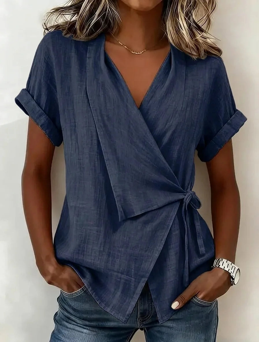 Gisselle | Relaxed Asymmetric Short Sleeve Wrap Blouse with Tie Front