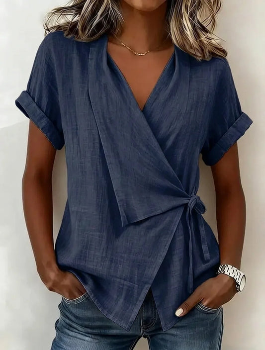 Gisselle | Relaxed Asymmetric Short Sleeve Wrap Blouse with Tie Front