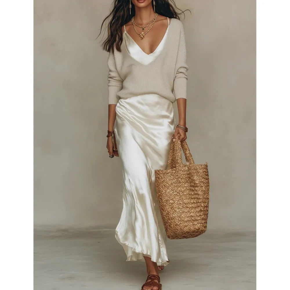 Valencia | 2-Piece Soft Knit Upper Shirt with Elegant V Neck Satin Midi Dress