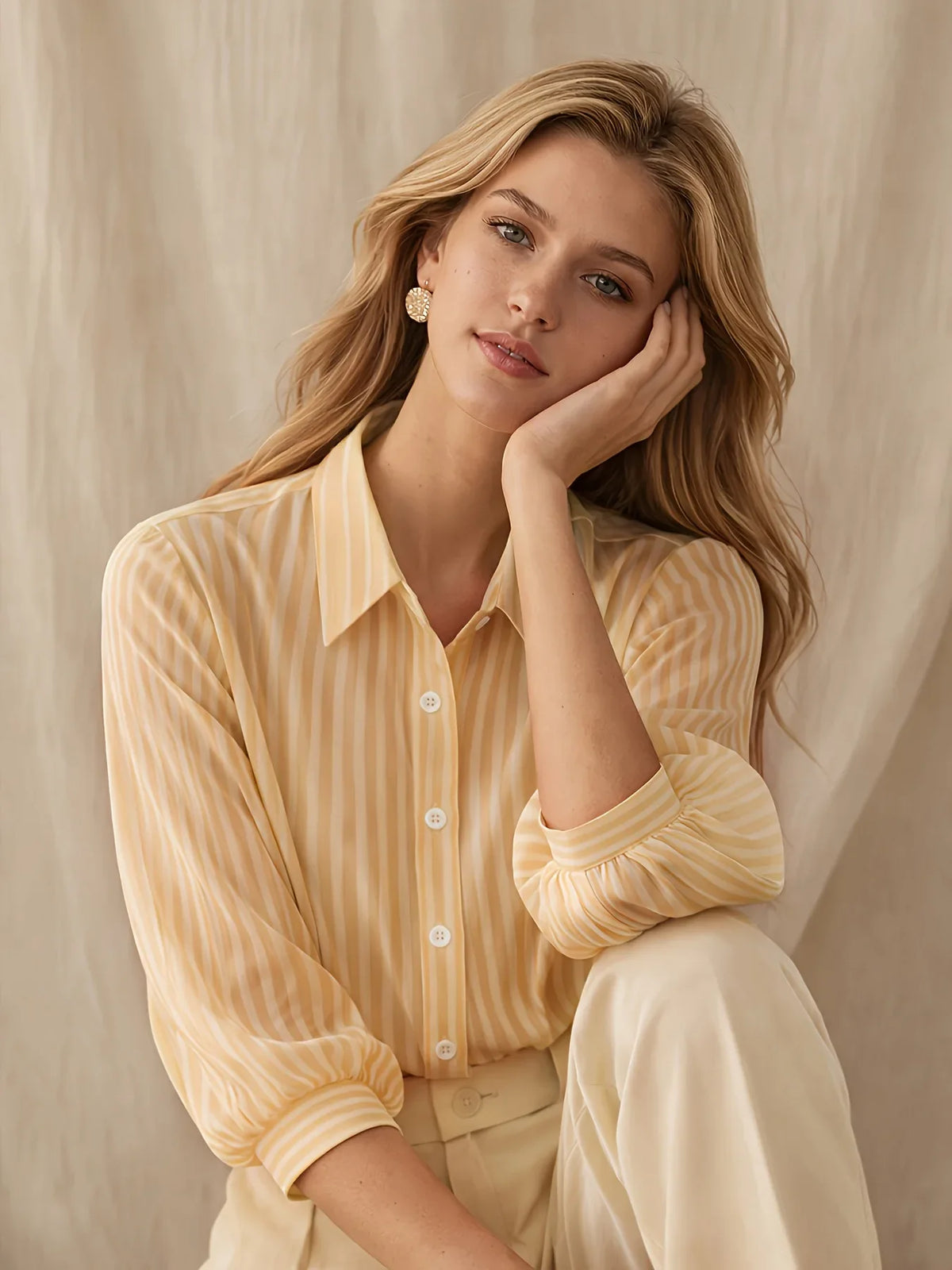 Rosalinda | Classy Striped Puff Sleeved Button Down Shirt for Everyday