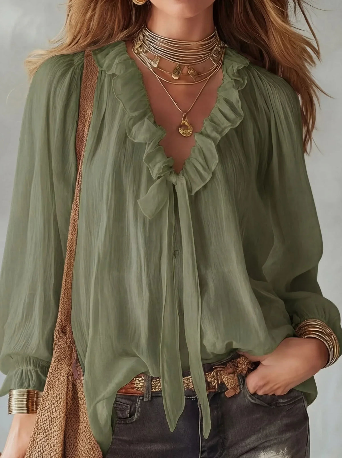 Maribel | Relaxed Lace-Up V Neck Top with Ruffle Trim and Sleeves