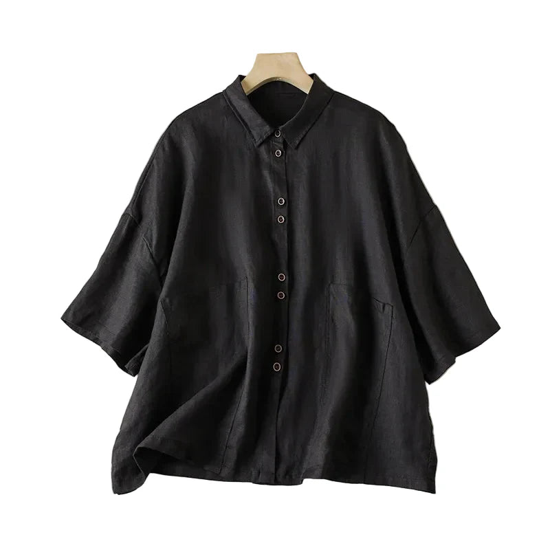 Rosalie | Oversized Linen Button Front Blouse with Short Sleeves