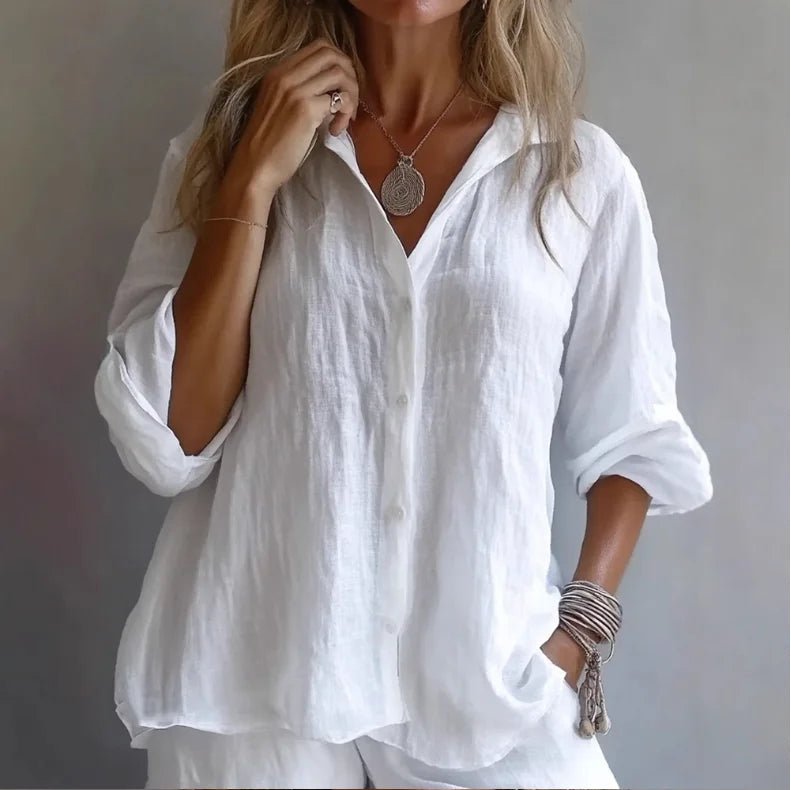 Raina | Elegant Relaxed Collared Linen Blend Shirt with Sleeves