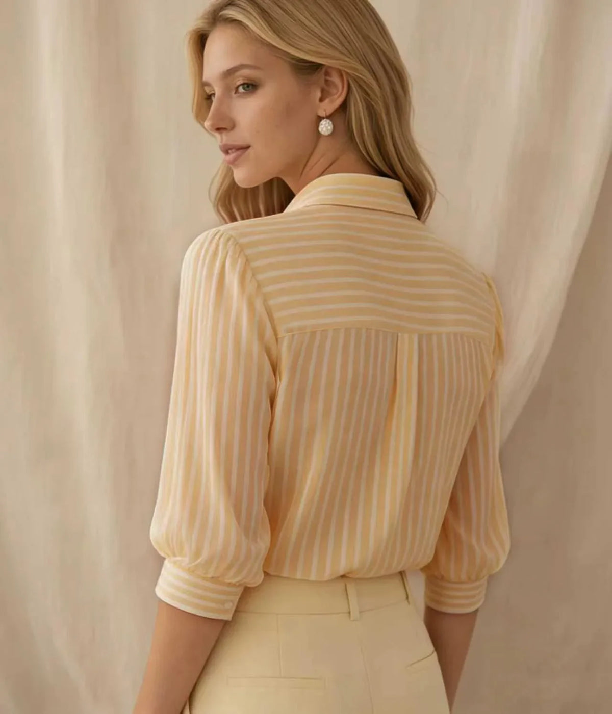 Rosalinda | Classy Striped Puff Sleeved Button Down Shirt for Everyday