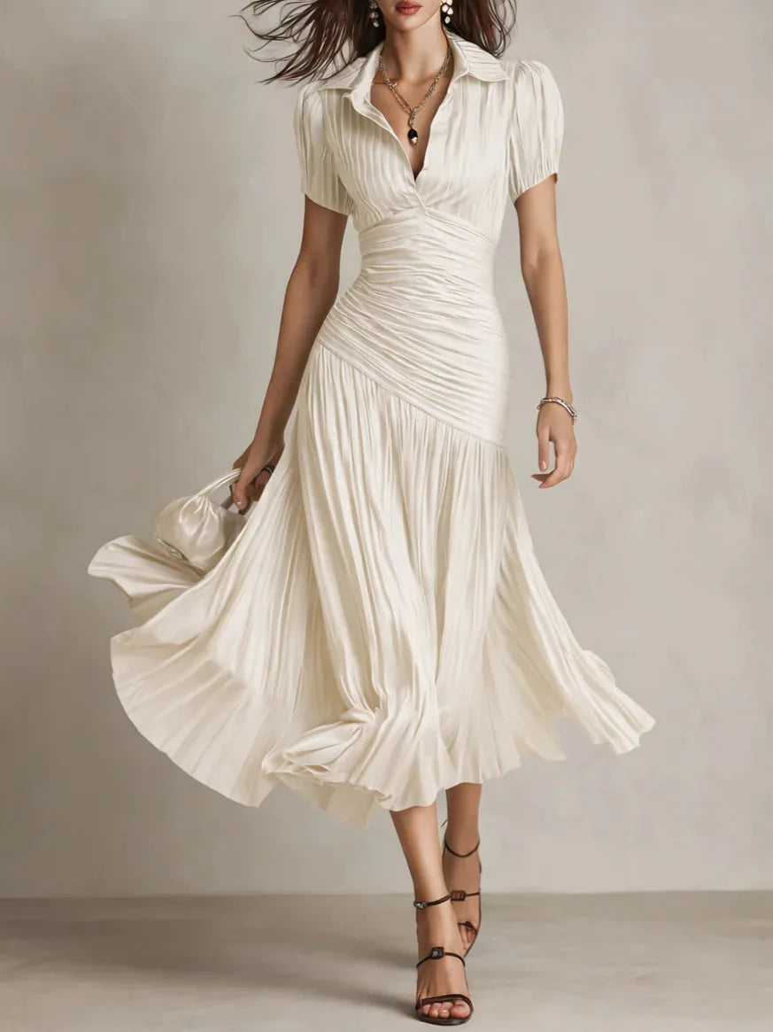 Monroe | Comfotable Flowy Satin Pleated Midi Dress for Summer Time