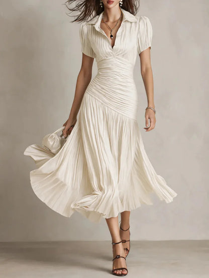 Monroe | Comfotable Flowy Satin Pleated Midi Dress for Summer Time